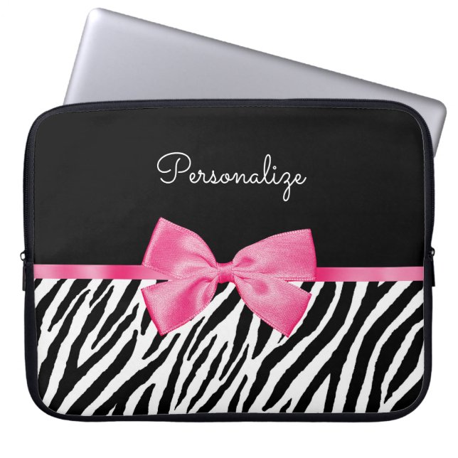 Zebra Print and Pink Bow Glam Design With Name Laptop Sleeve (Front)