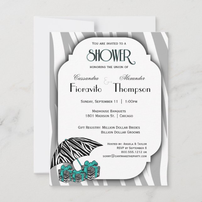 Zebra Print And Teal Accent Shower Invite (Front)