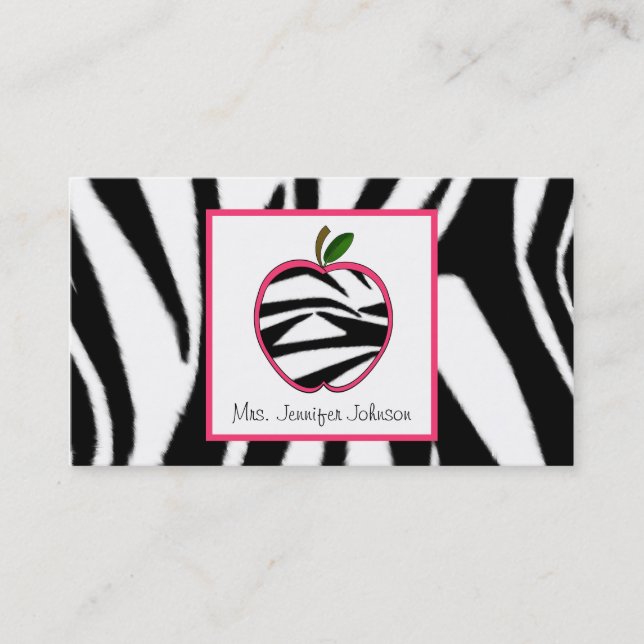 Zebra Print Apple Fashion Teacher Business Card (Front)