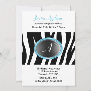 Zebra Print Aqua Blue Glass Monogram Birthday Invitation