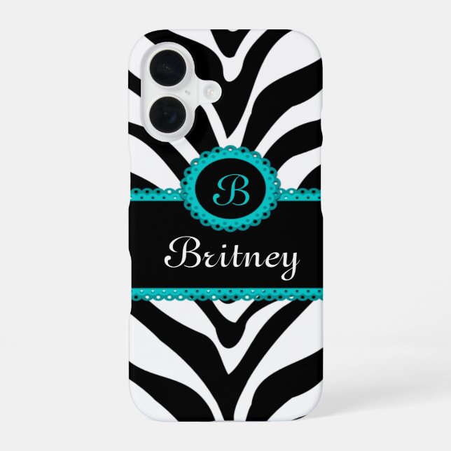 Zebra Print Aqua Lace Monogram iPhone 16 Case (Back)