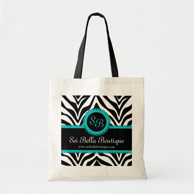 Zebra Print & Aqua Lace Monogram Tote Bag (Front)