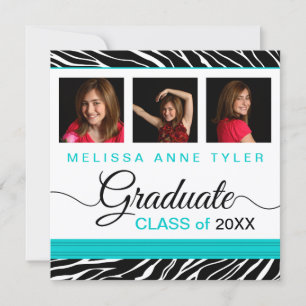 Zebra Print Aqua Photo Graduation Invitation