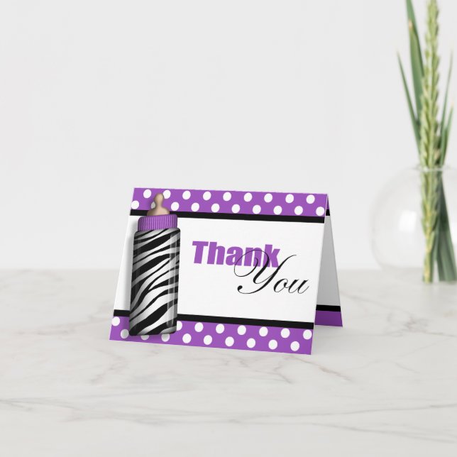 Zebra Print Baby Bottle Purple Thank You Cards (Front)