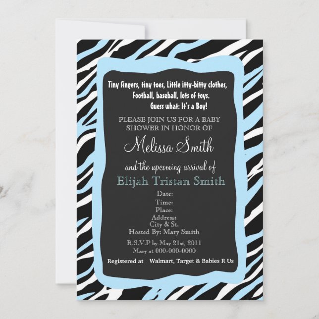 Zebra Print Baby Shower Invitation- Blue Invitation (Front)