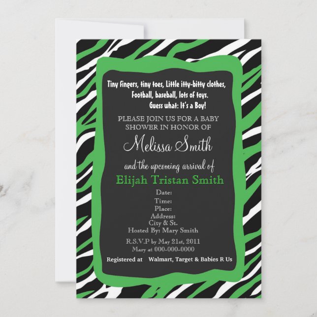 Zebra Print Baby Shower Invitation- Green Invitation (Front)