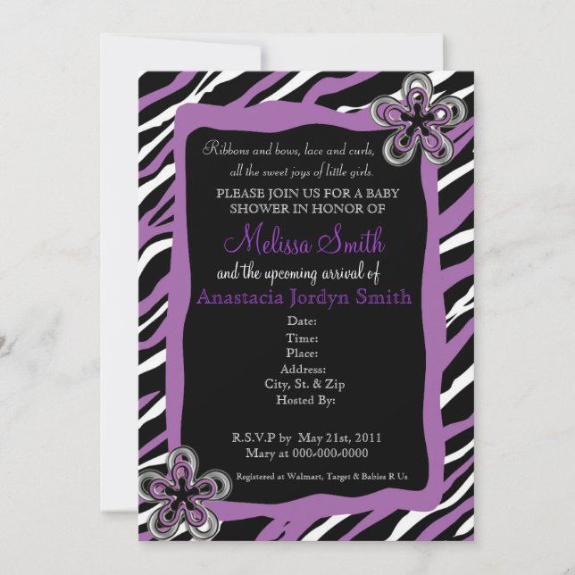 Zebra Print Baby Shower Invitation - Purple (Front)