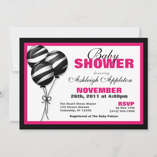 Zebra Print Balloon Fuchsia Baby Shower Invitation (Front)