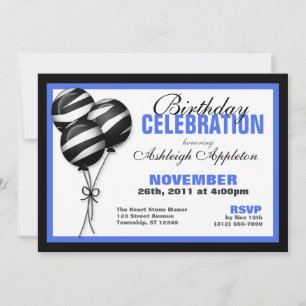 Zebra Print Balloons Blue Birthday Invitations