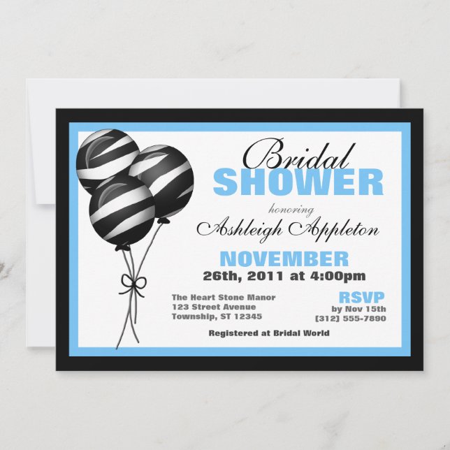 Zebra Print Balloons Light Blue Bridal Shower Invitation (Front)