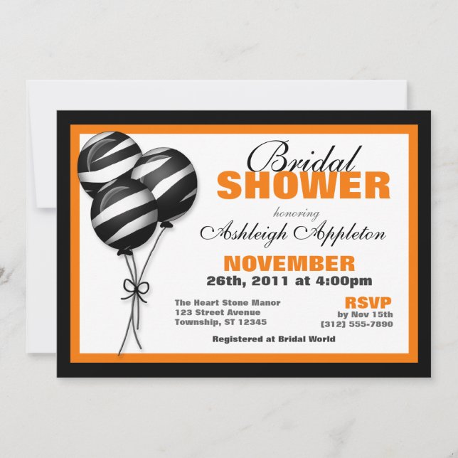 Zebra Print Balloons Orange Bridal Shower Invitation (Front)