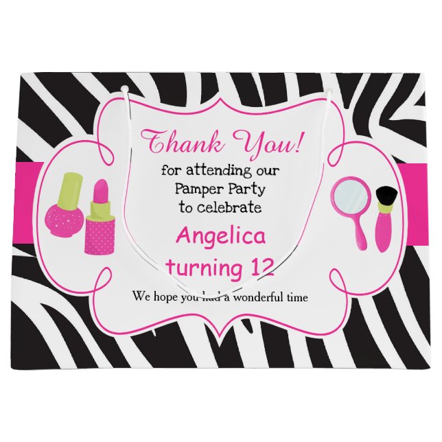 Zebra print birthday Pamper Party Thank You Large Gift Bag (Front)