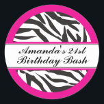 Zebra Print Black and Hot Pink Classic Round Sticker<br><div class="desc">Black and Hot Pink Zebra Animal Print - fun design to use for any occasion especially for birthday celebrations! Customise two lines of text. Use for you gift bags for candy table. If your colour combination is not shown, email me at paula@labellarue.com before ordering and I will create your personal...</div>