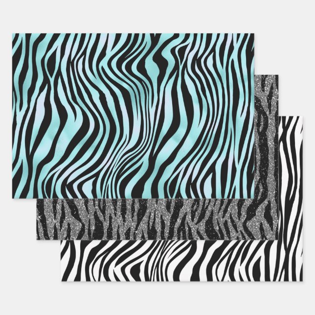 Zebra Print Black and Teal Turquoise and White Wrapping Paper Sheet (Set)