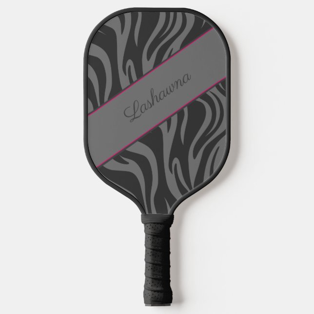 Zebra Print Black, Grey, Hot Pink Personalised Pickleball Paddle (Front)