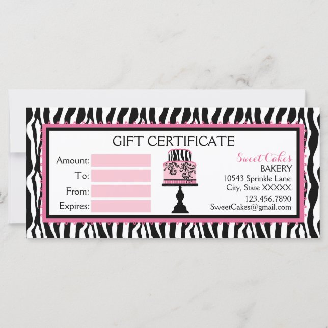 Zebra Print Cake Bakery Gift Certificate (Front)