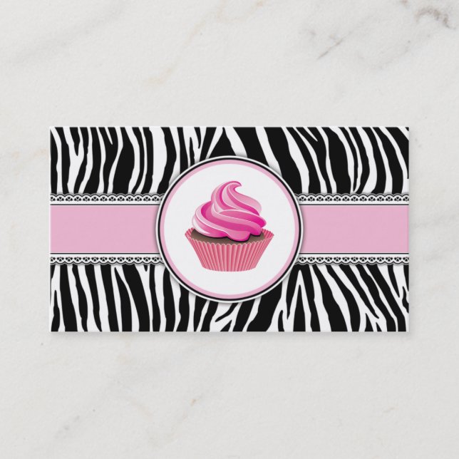 Zebra Print Cupcake Bakery Pink Elegant Lace Business Card (Front)