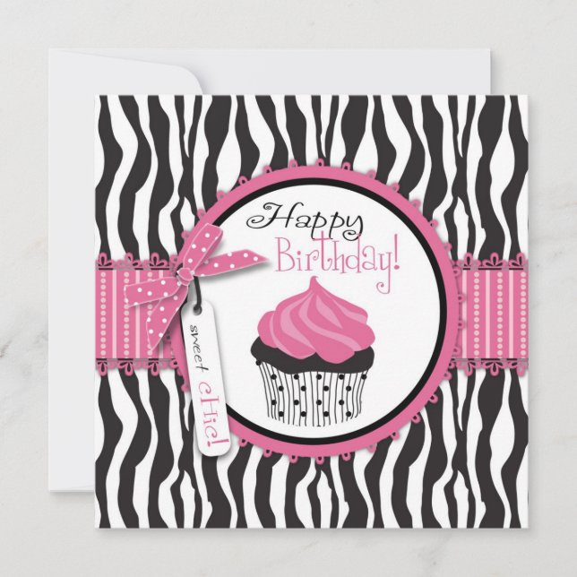 Zebra Print & Cupcake Birthday Card (Front)