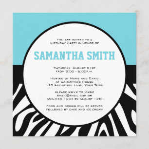 Zebra Print Custom Photo Birthday Party Blue Invitation