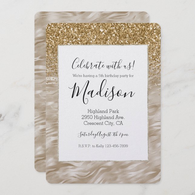 Zebra Print Faux Gold Glitter Invitation (Front/Back)