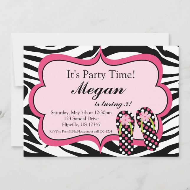 Zebra Print Flip Flop Birthday Party Invitation (Front)