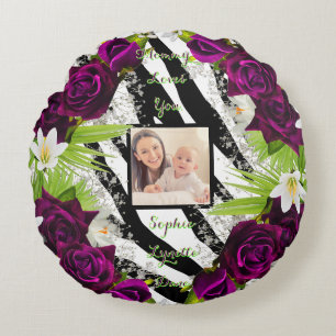 Zebra Print Floral Round Pillow with Palm Text