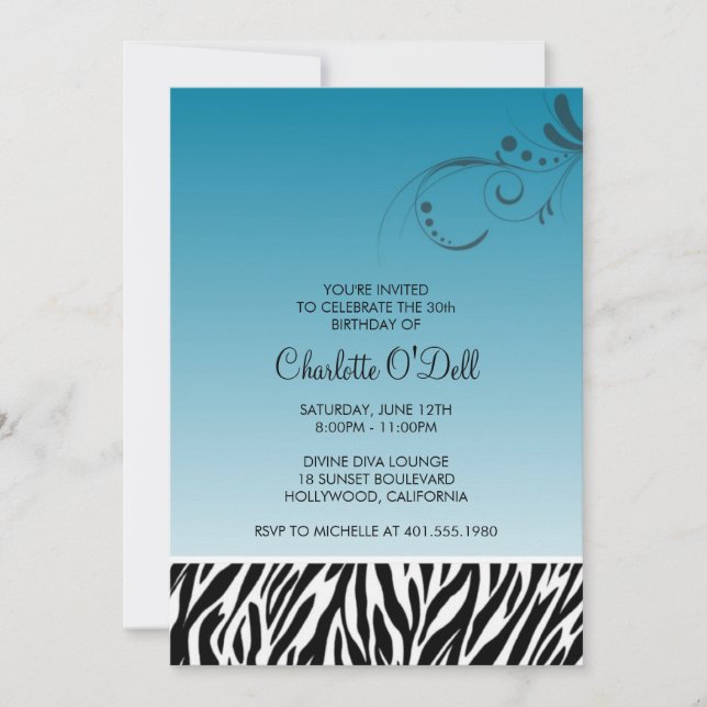 zebra print; flourish birthday invitation (Front)