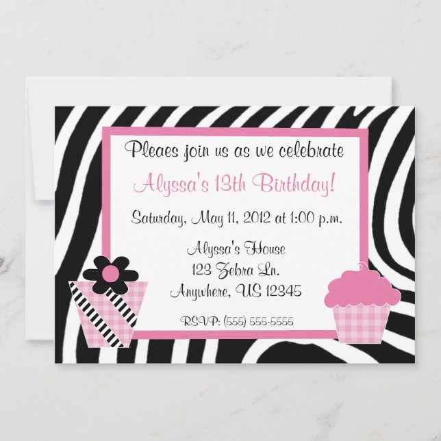 Zebra Print Girls Birthday Inviation Invitation (Front)