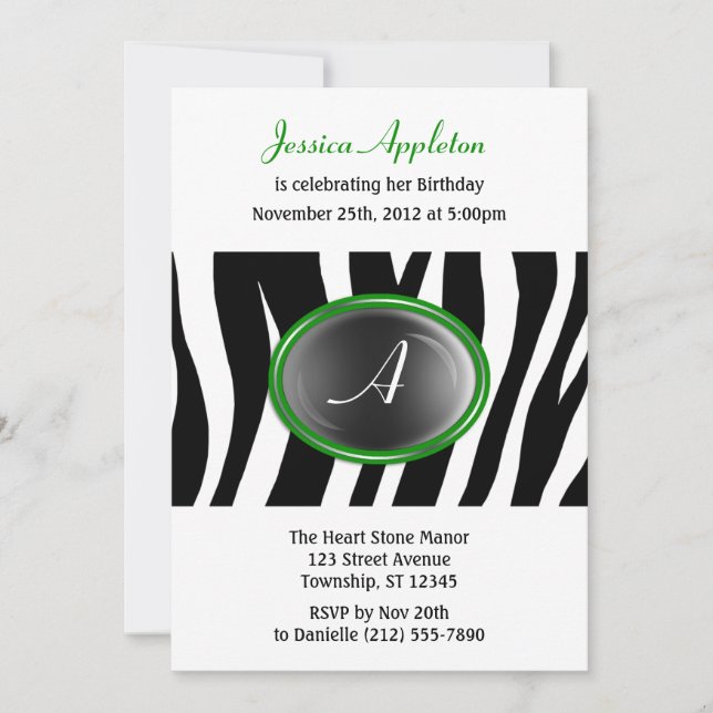 Zebra Print Green Glass Monogram Birthday Invitation (Front)