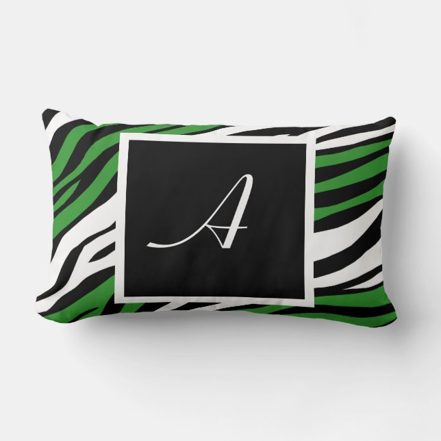 Zebra Print Green Mix Monogram Lumbar Pillow (Front)