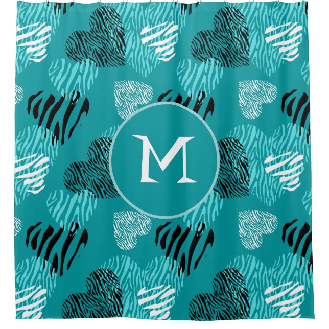 Zebra Print Hearts Teal White Monogram Shower Curtain (Front)
