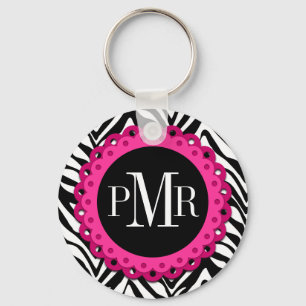 Zebra Print Hot Pink Lace Monogram Personalised Key Ring