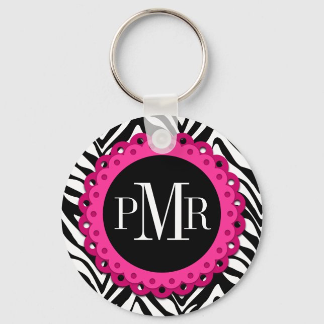 Zebra Print Hot Pink Lace Monogram Personalised Key Ring (Front)