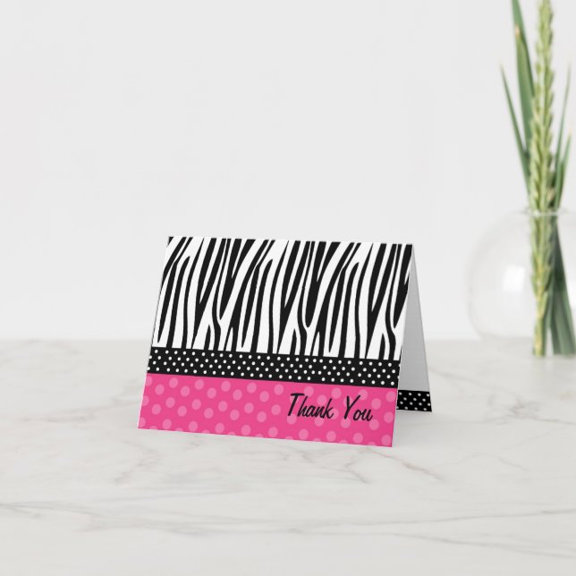 Zebra Print Hot Pink Polkadots Thank you Note card (Front)