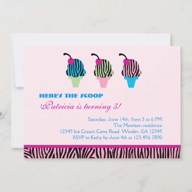 Zebra Print Ice Cream Party Invitation (Front)