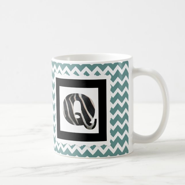 Zebra Print Letter "Q" on Teal/White Chevron Coffee Mug (Right)