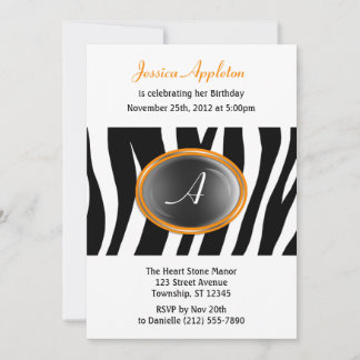 Zebra Print Orange Glass Monogram Birthday Invitation