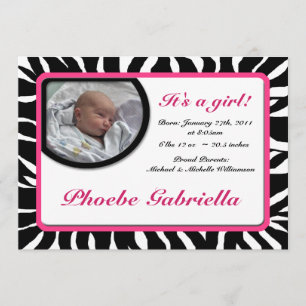 Zebra Print Pink Birth Announcements