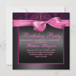 Zebra Print Pink & Black Party Birthday Invitation