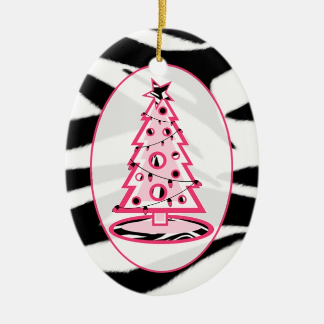Zebra Print & Pink Christmas Tree Ornament (Front)