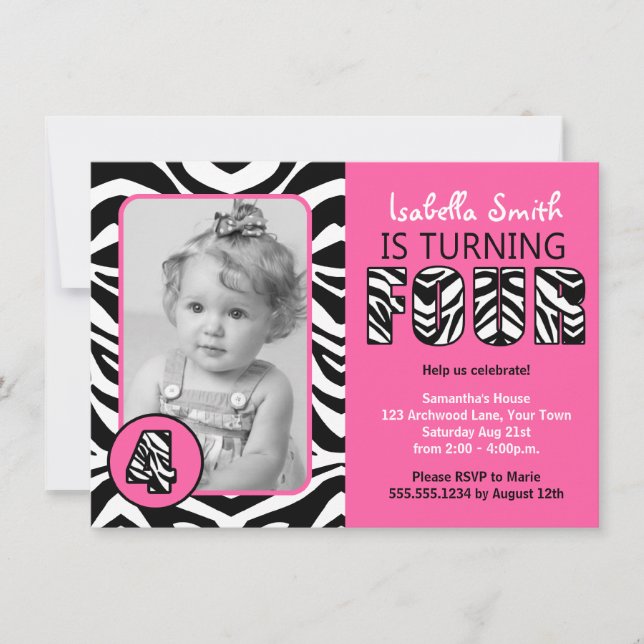 Zebra Print Pink Girls Forth Birthday Invitation (Front)
