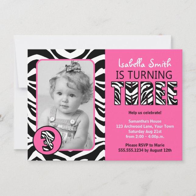Zebra Print Pink Girls Third Birthday Invitation (Front)