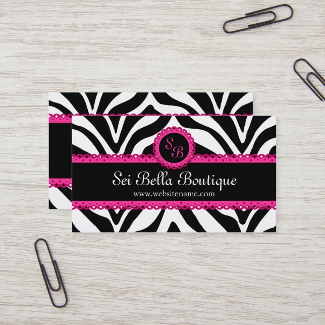 Zebra Print & Pink Lace Monogram Business Card (Front/Back In Situ)