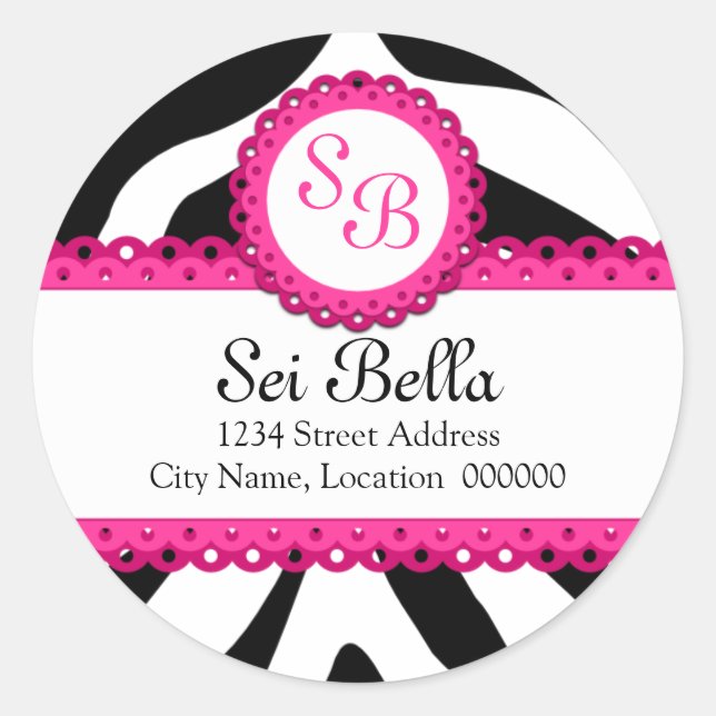 Zebra Print & Pink Lace Monogram Stickers (Front)