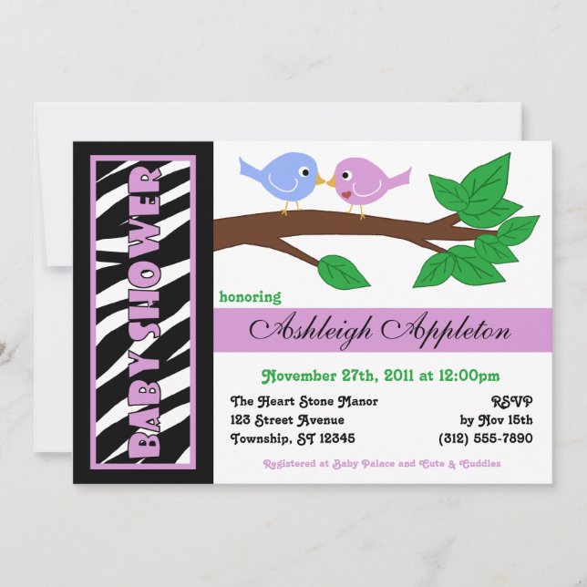 Zebra Print Purple Birdy Baby Shower Invitations (Front)