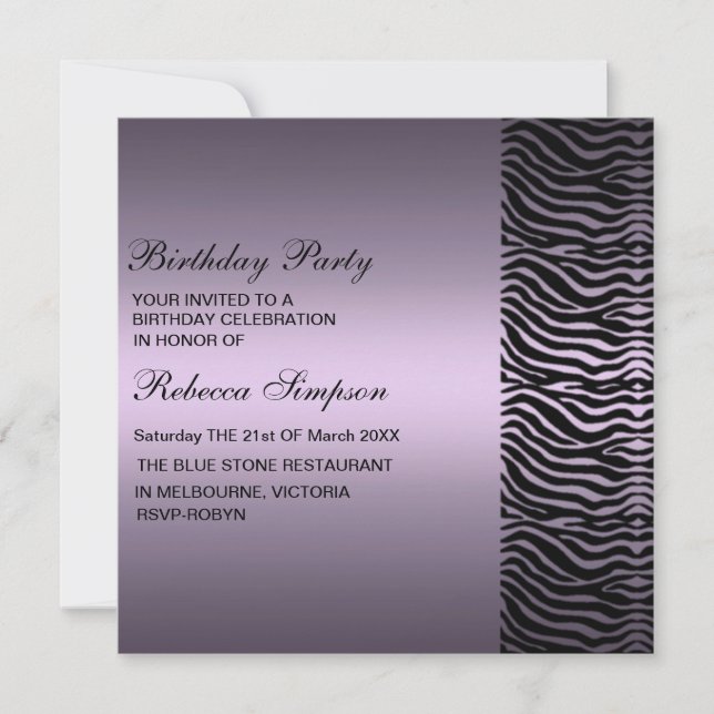 Zebra Print Purple & Black Birthday Invitation (Front)