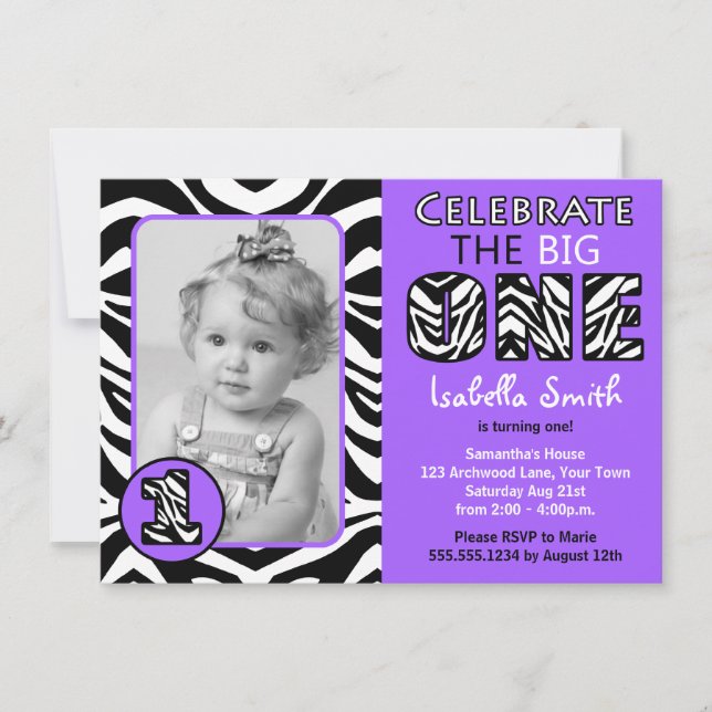 Zebra Print Purple Girls First Birthday Invitation (Front)