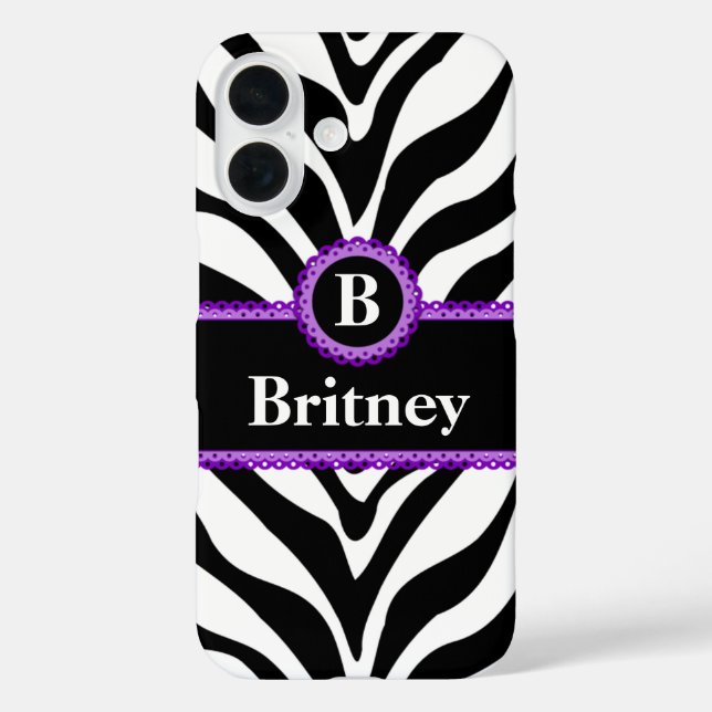 Zebra Print Purple Lace Monogram Name Case-Mate iPhone Case (Back)
