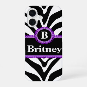 Zebra Print Purple Lace Monogram Name iPhone 16 Case