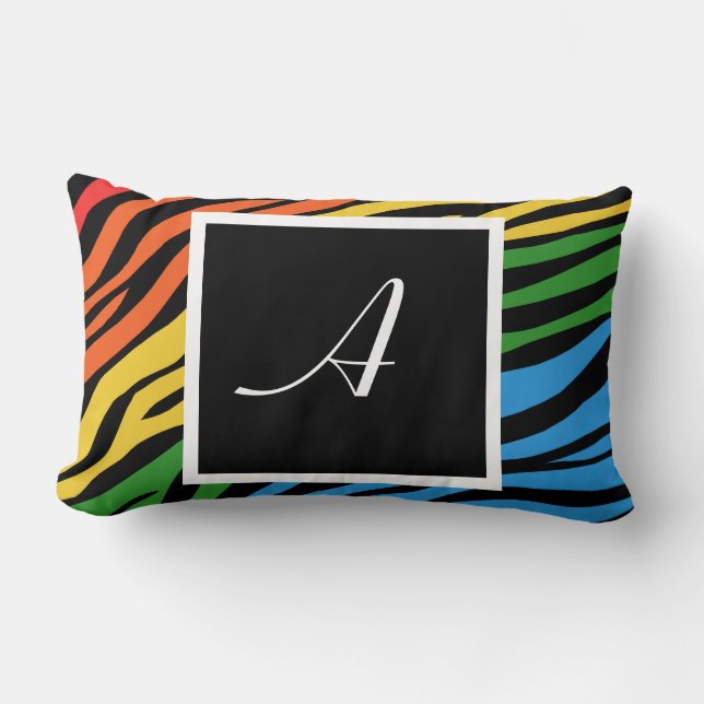 Zebra Print Rainbow Mix Monogram Lumbar Pillow (Front)